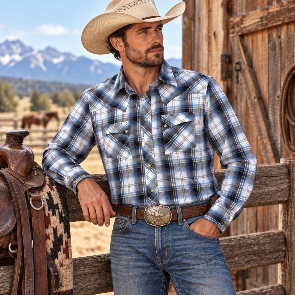 Wrangler American Cowboys Mens Western Pearl Snap Shirt Sz M Plaid Cowboy Rodeo